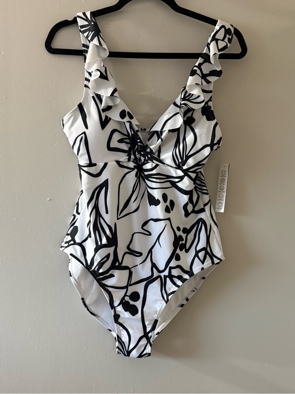 Tahari Black & White Floral Ruffle-Trim One-Piece Swimsuit